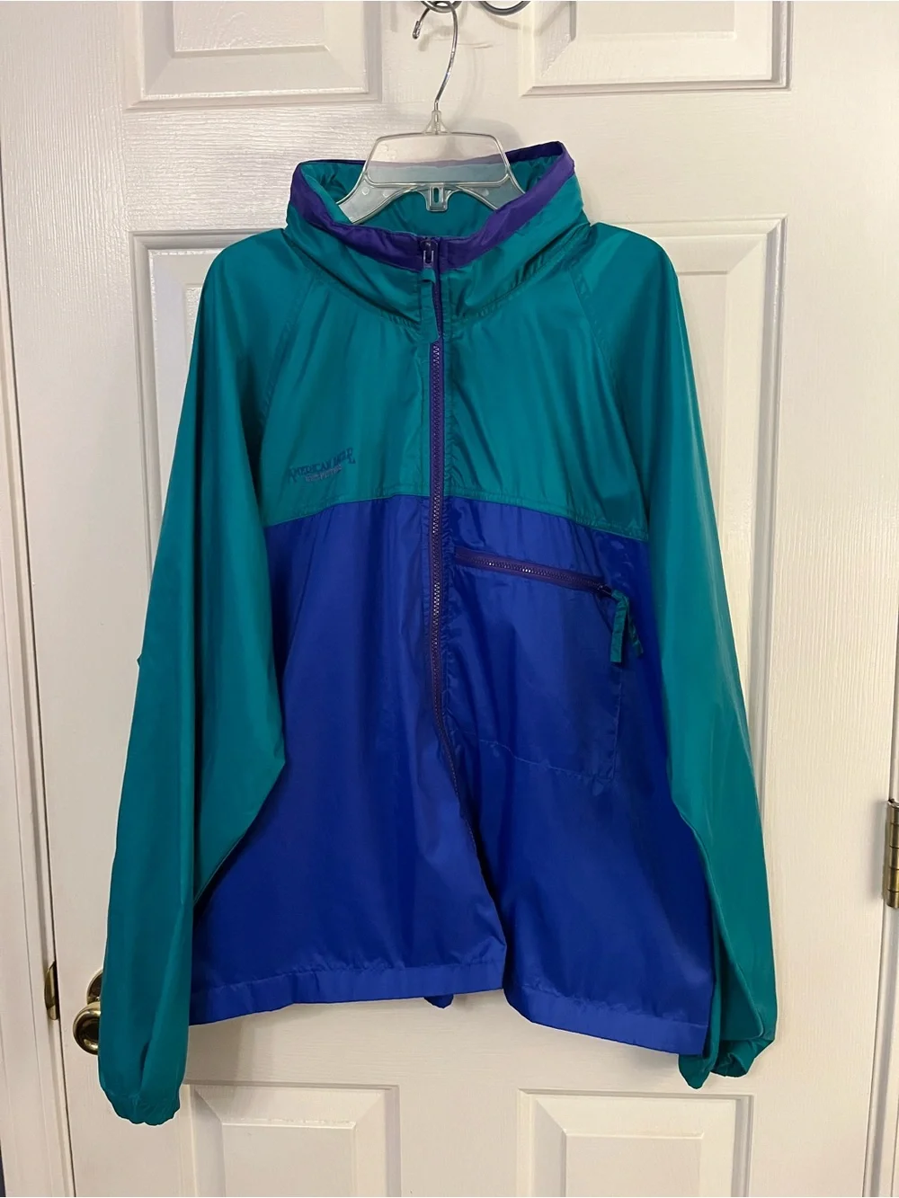 Vtg American Eagle Windbreaker Adult Hidden Hood Colorblock Teal/Purple 90’s Med